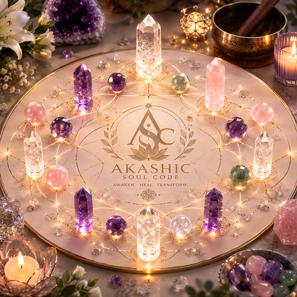 Crystal healing grid engraved with the Akashic Soul Code emblem