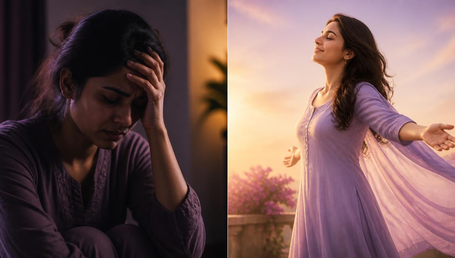 Dual image: a woman curled up in emotional pain on the left, and the same woman radiant with arms open at sunrise after healing on the right