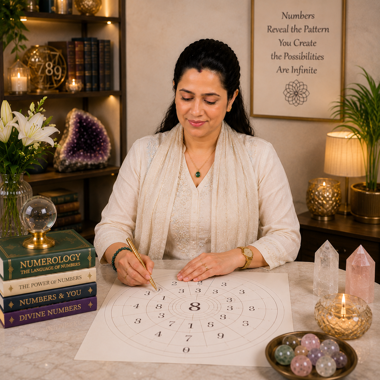 Sapna Kalra Rawat working on a Vedic numerology chart
