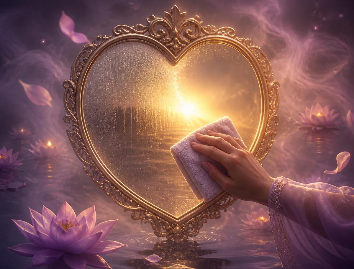 A golden heart-shaped mirror being wiped clean, light shining through