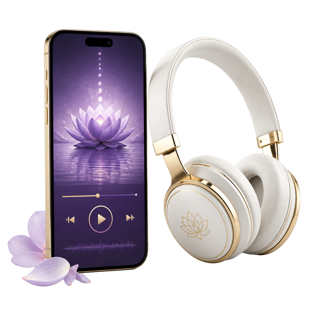 The 10-minute Emotional Detox Meditation playing on a phone beside headphones
