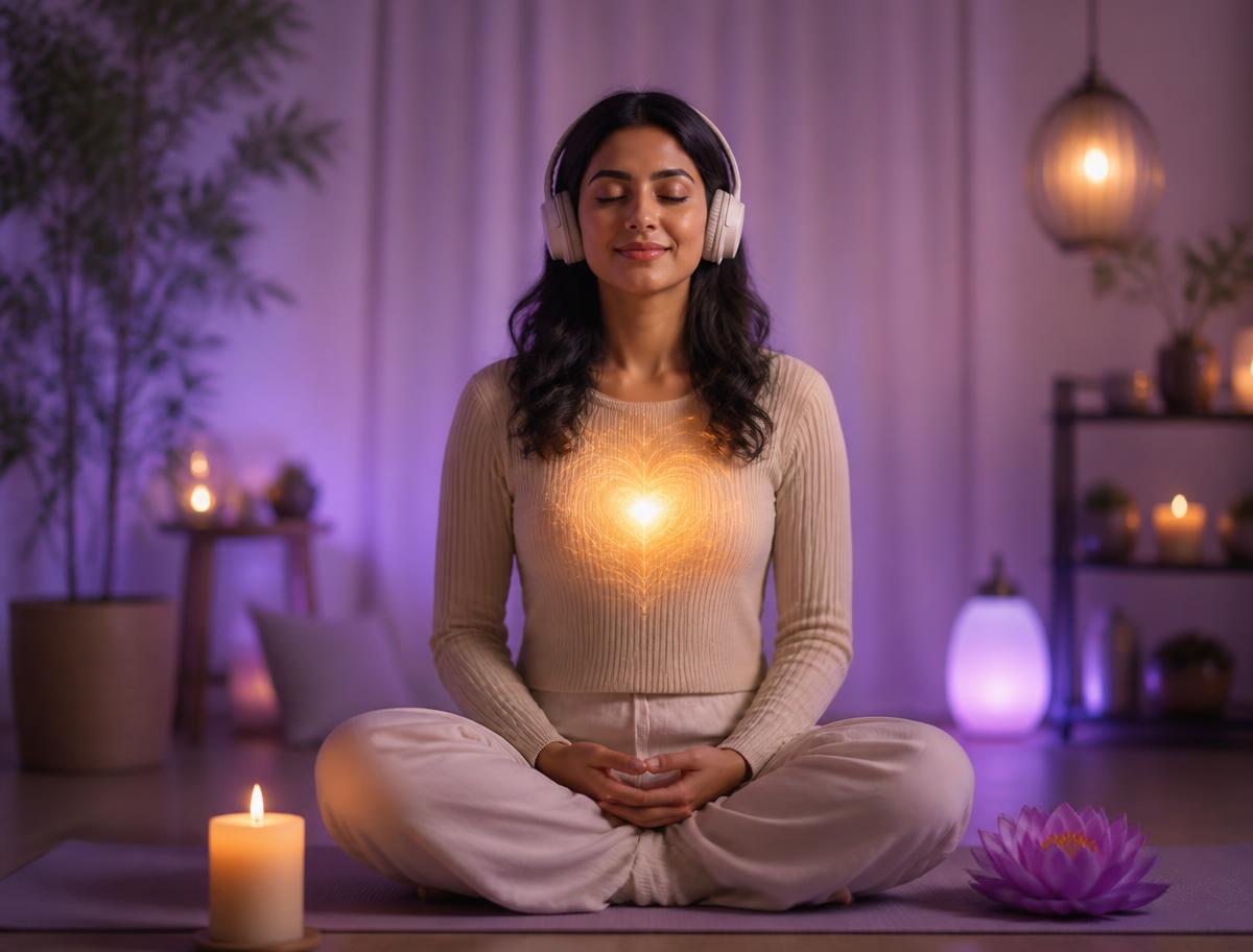A woman with headphones meditating calmly, warm light at her heart centre