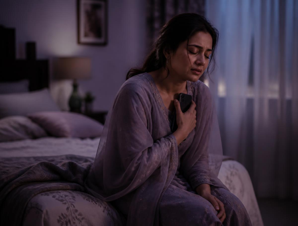 A woman sitting alone at night holding her phone, quietly heartbroken