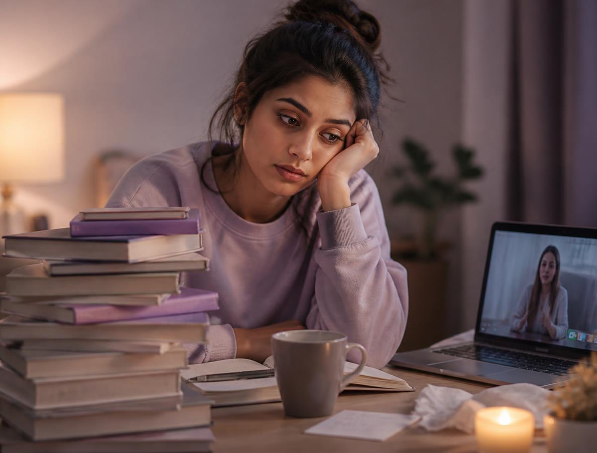 A woman surrounded by self-help books and online courses, looking exhausted